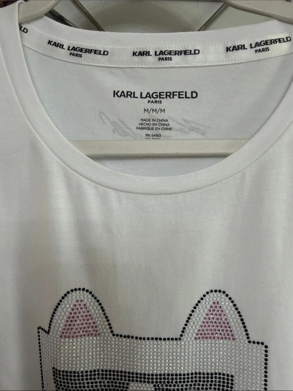 Karl Lagerfeld White Tee with Studded Cat Graphic and Pink Accents